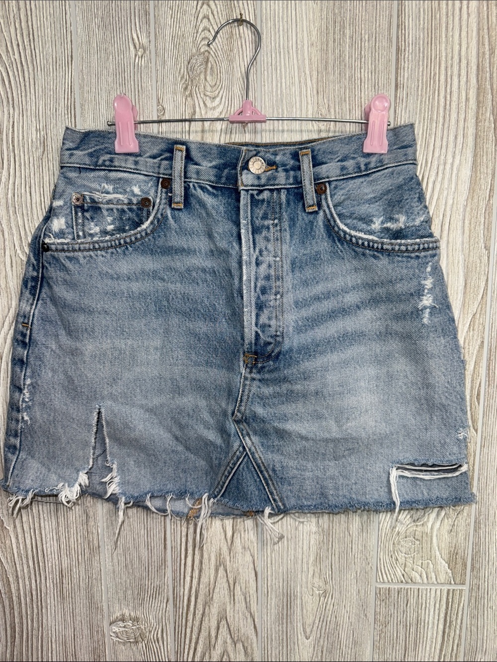 Agolde Faded Blue Distressed Denim Mini Skirt